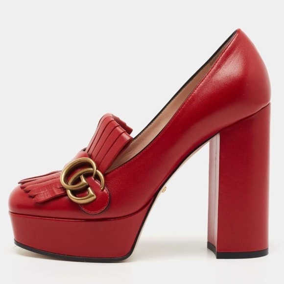 Gucci Marmont Fridge Red Platform High Heels Loafers - Picture 1 of 12